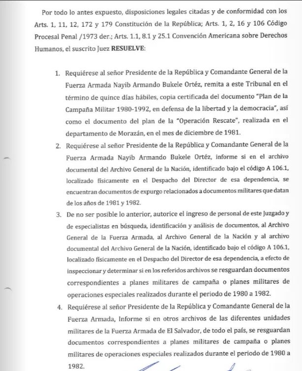 Captura de resolución de juez Jorge Guzman, en la que ordena que se abran los archivos de guerra.