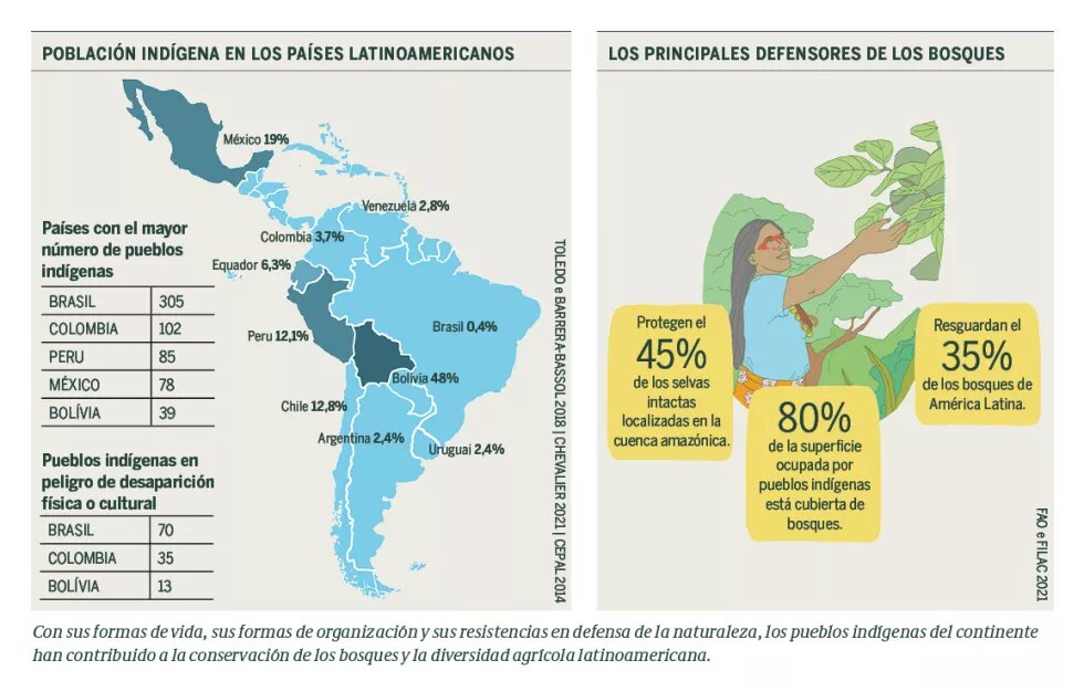 Mapa de América Latina que muestra los paises con mayor número de pueblos indígenas en azul oscuro. 